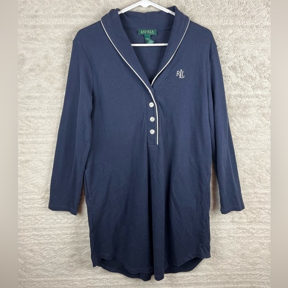 Vintage Lauren Ralph Lauren Blue Nightie Sz Medium with Pockets Monogrammed - Picture 1 of 14